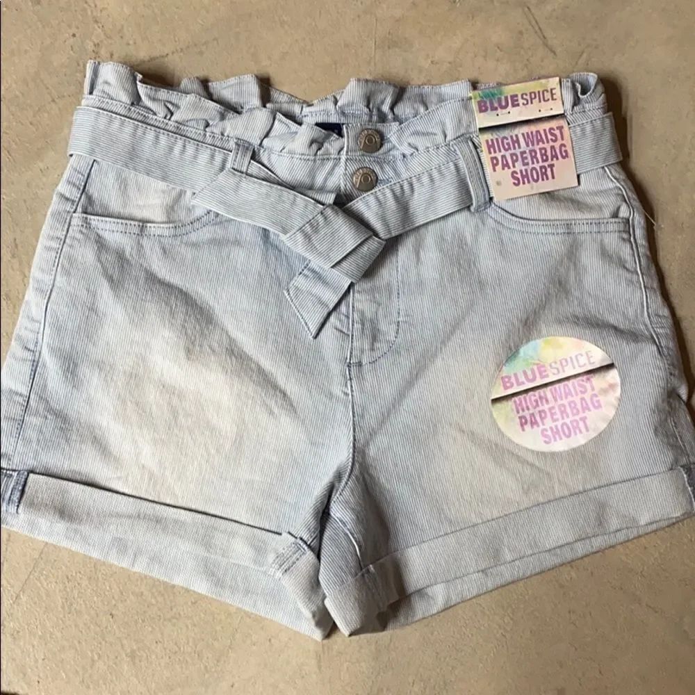 Blue spice which waist paper bag shorts